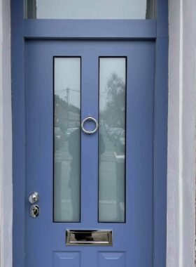 Blue traditional security door London with security glass fitted in Belgravia.